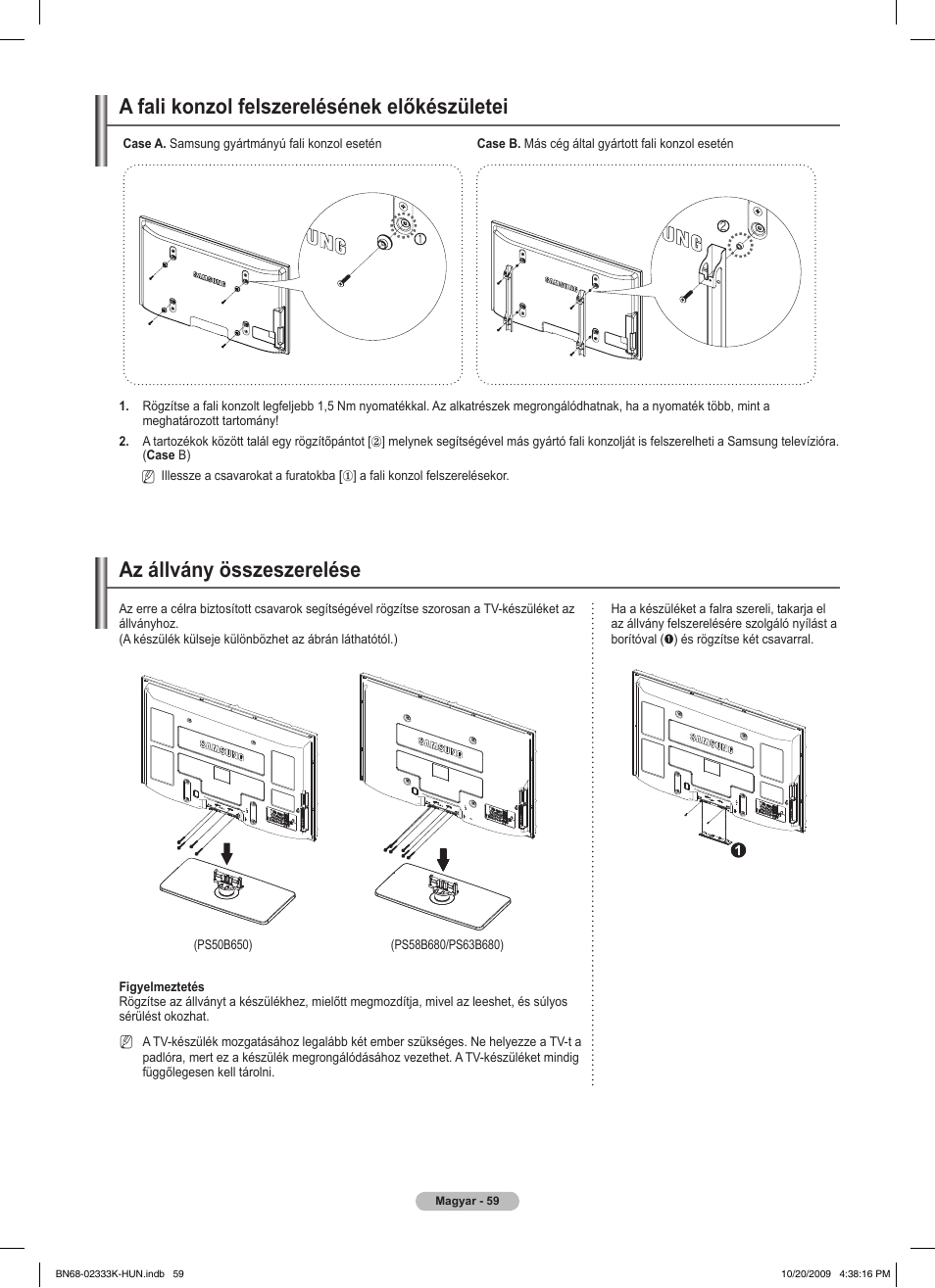 A fali konzol felszerelésének előkészületei, Az állvány összeszerelése | Samsung PS63B680T6W User Manual | Page 133 / 644
