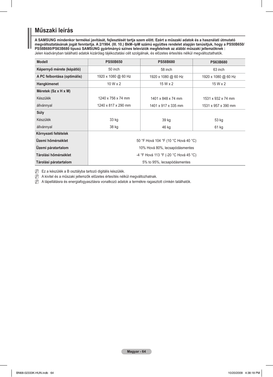 Műszaki leírás | Samsung PS63B680T6W User Manual | Page 138 / 644