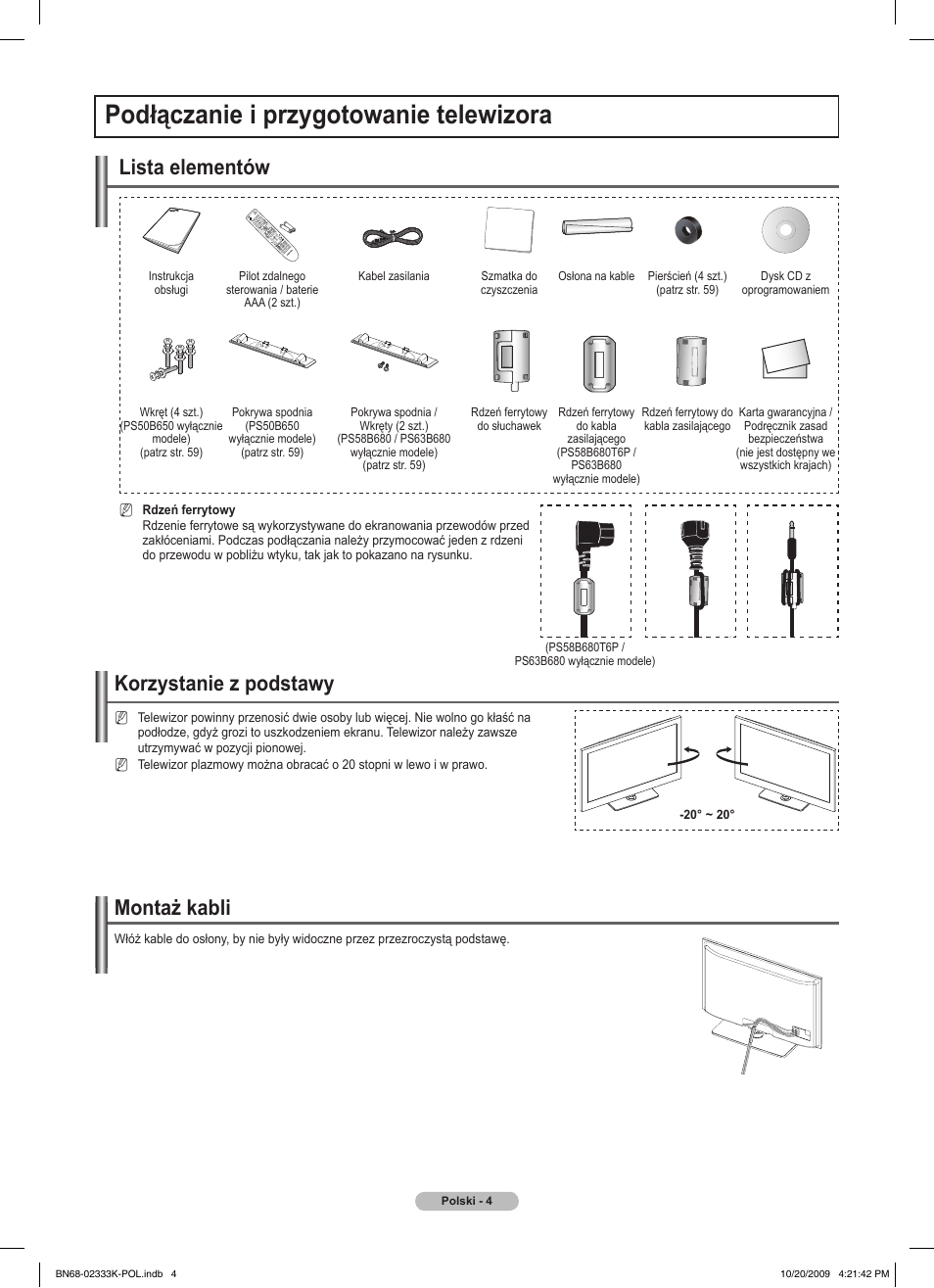 Podłączanie i przygotowanie telewizora, Montaż kabli, Korzystanie z podstawy | Lista elementów | Samsung PS63B680T6W User Manual | Page 141 / 644