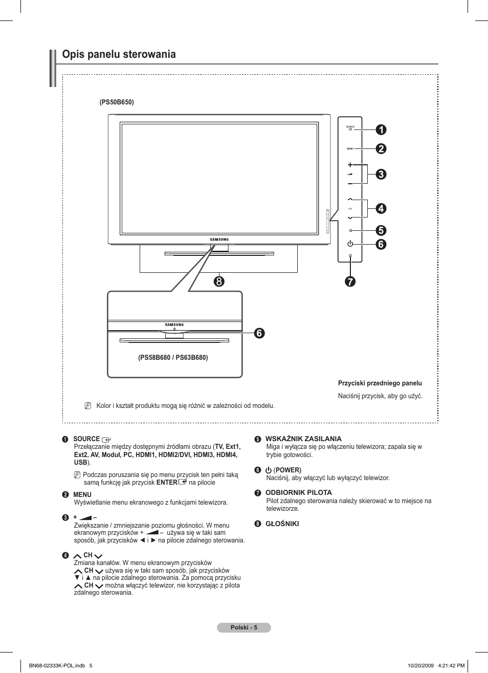 Opis panelu sterowania | Samsung PS63B680T6W User Manual | Page 142 / 644