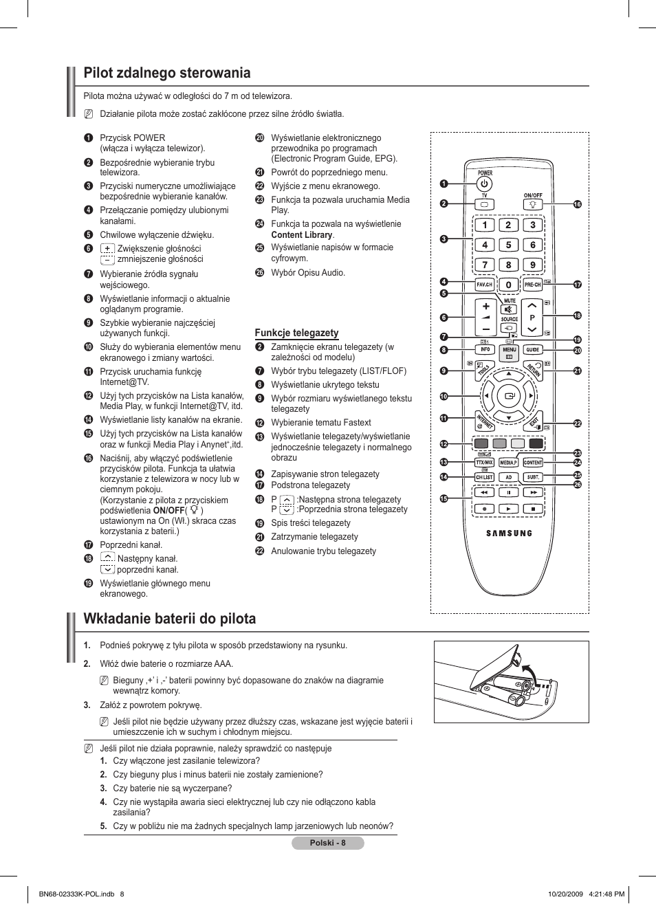 Pilot zdalnego sterowania, Wkładanie baterii do pilota | Samsung PS63B680T6W User Manual | Page 145 / 644