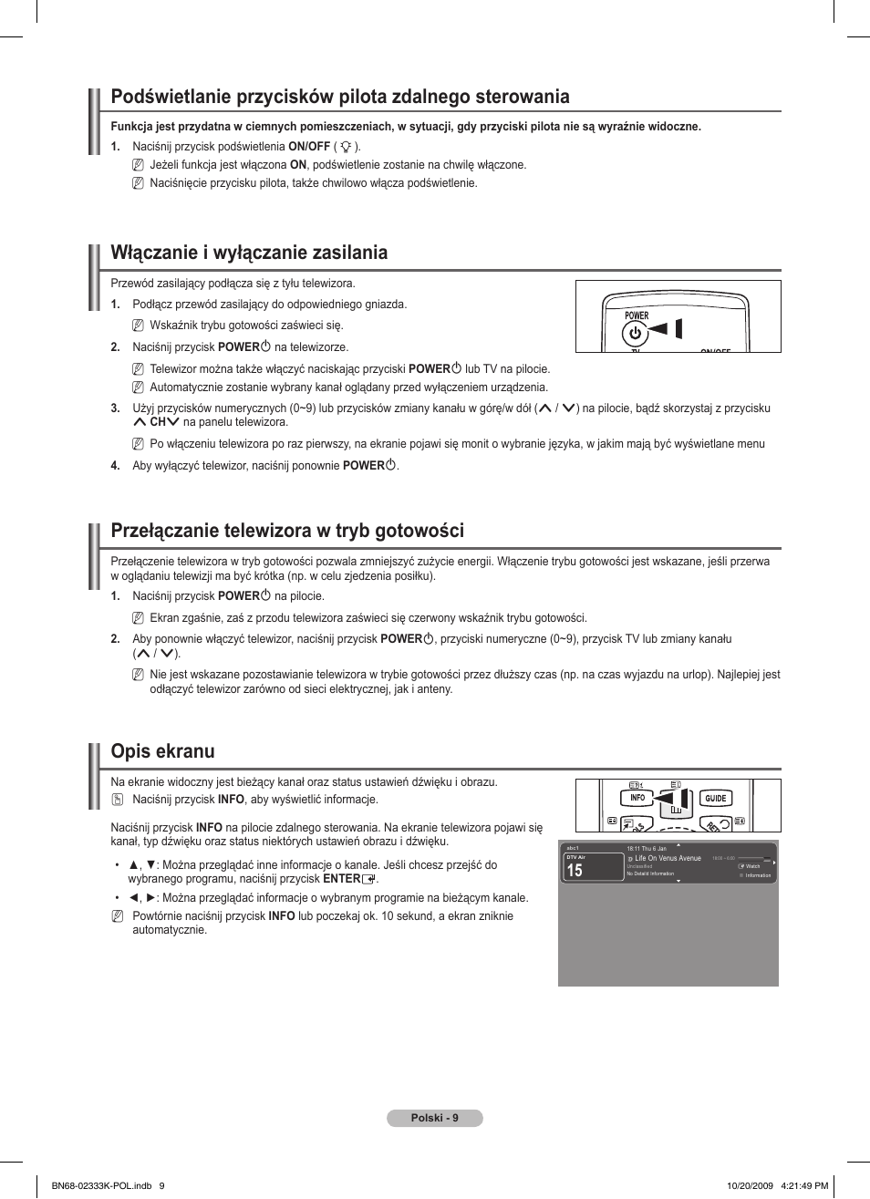 Włączanie i wyłączanie zasilania, Przełączanie telewizora w tryb gotowości, Opis ekranu | Samsung PS63B680T6W User Manual | Page 146 / 644