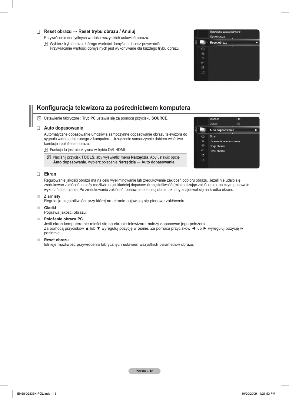 Konfiguracja telewizora za pośrednictwem komputera, Auto dopasowanie, Ekran | Reset obrazu → reset trybu obrazu / anuluj | Samsung PS63B680T6W User Manual | Page 155 / 644