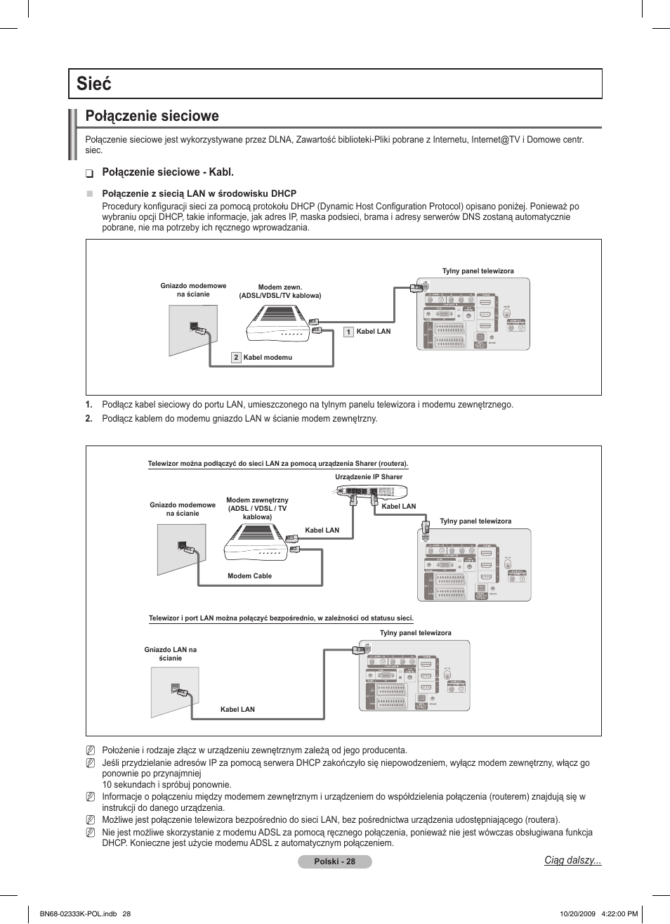 Sieć, Połączenie sieciowe, Połączenie sieciowe - kabl | Samsung PS63B680T6W User Manual | Page 165 / 644