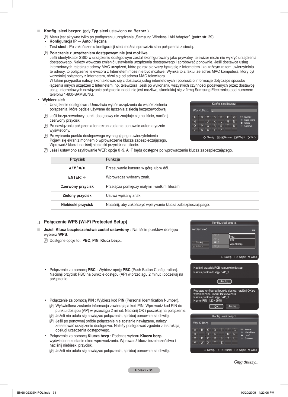 Połączenie wps (wi-fi protected setup), Ciąg dalszy | Samsung PS63B680T6W User Manual | Page 168 / 644