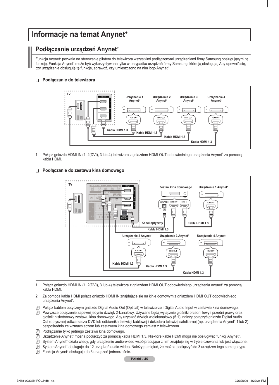 Informacje na temat anynet, Podłączanie urządzeń anynet, Podłączanie do telewizora | Podłączanie do zestawu kina domowego | Samsung PS63B680T6W User Manual | Page 182 / 644