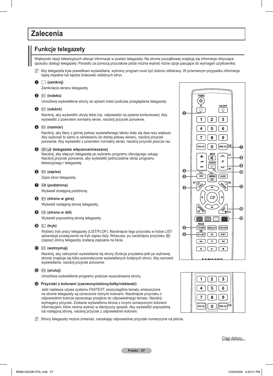 Zalecenia, Funkcje telegazety | Samsung PS63B680T6W User Manual | Page 194 / 644