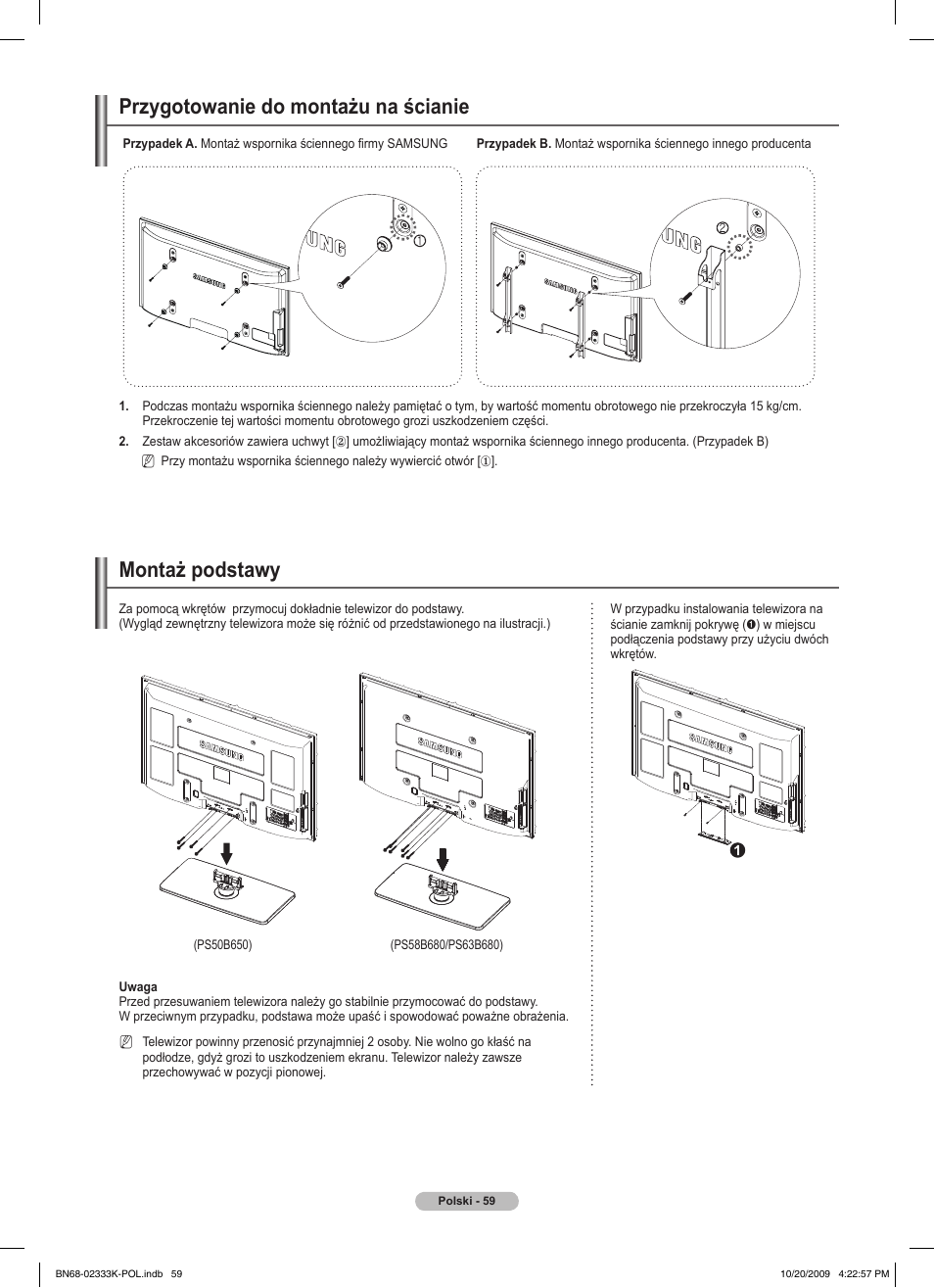 Przygotowanie do montażu na ścianie, Montaż podstawy | Samsung PS63B680T6W User Manual | Page 196 / 644