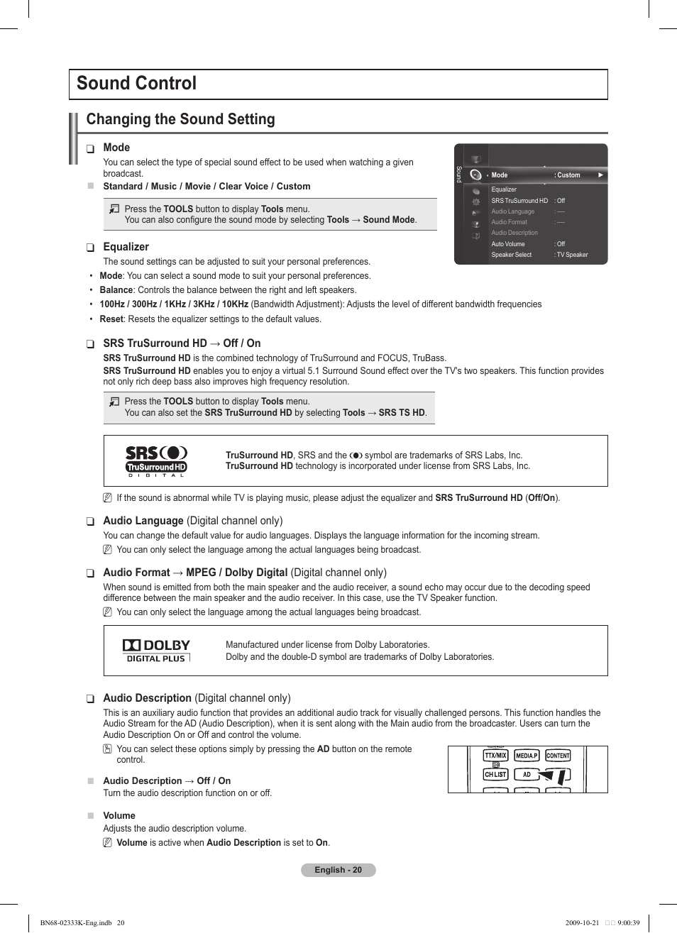 Sound control, Changing the sound setting | Samsung PS63B680T6W User Manual | Page 20 / 644