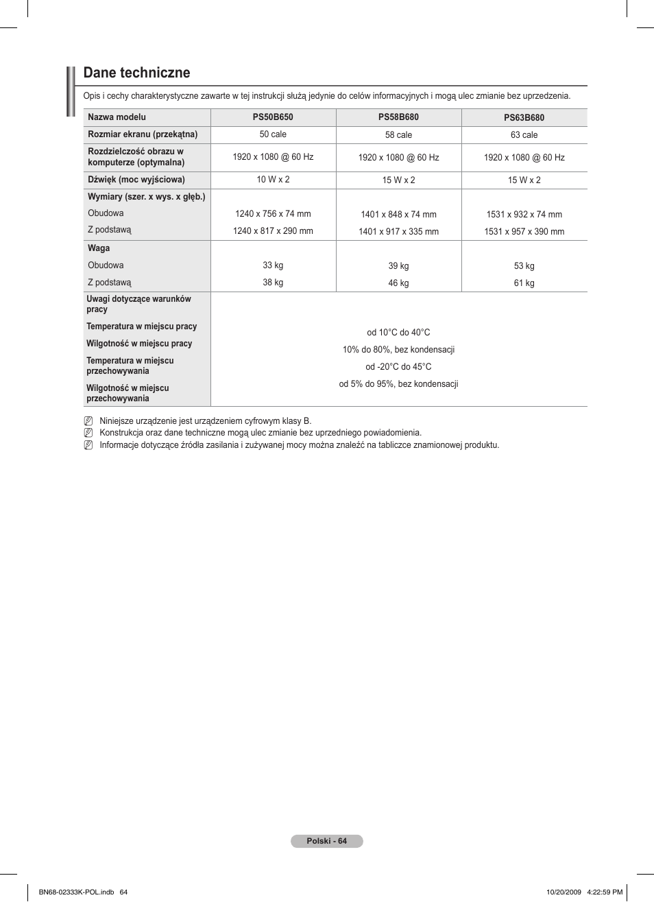 Dane techniczne | Samsung PS63B680T6W User Manual | Page 201 / 644