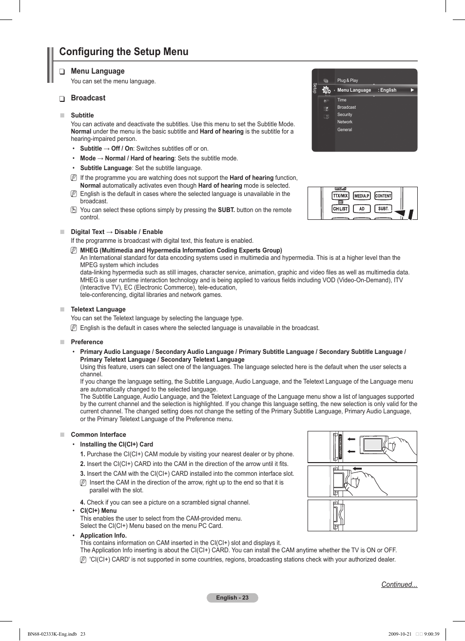 Configuring the setup menu | Samsung PS63B680T6W User Manual | Page 23 / 644