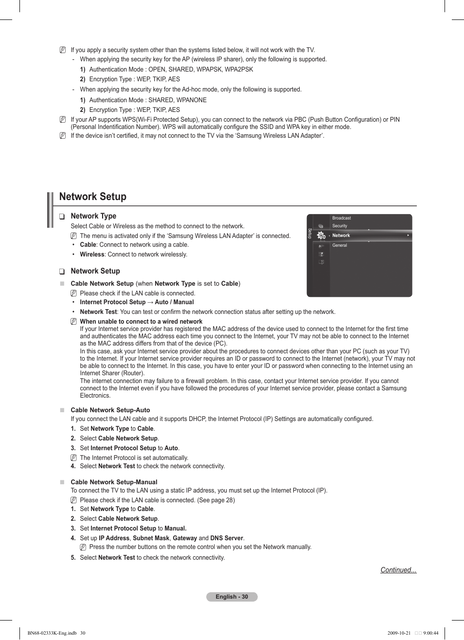 Network setup | Samsung PS63B680T6W User Manual | Page 30 / 644