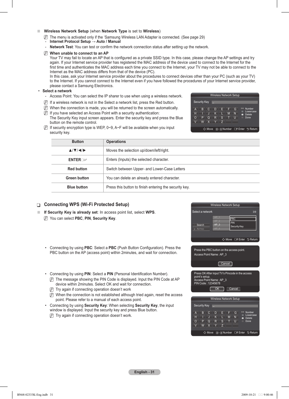 Connecting wps (wi-fi protected setup) | Samsung PS63B680T6W User Manual | Page 31 / 644