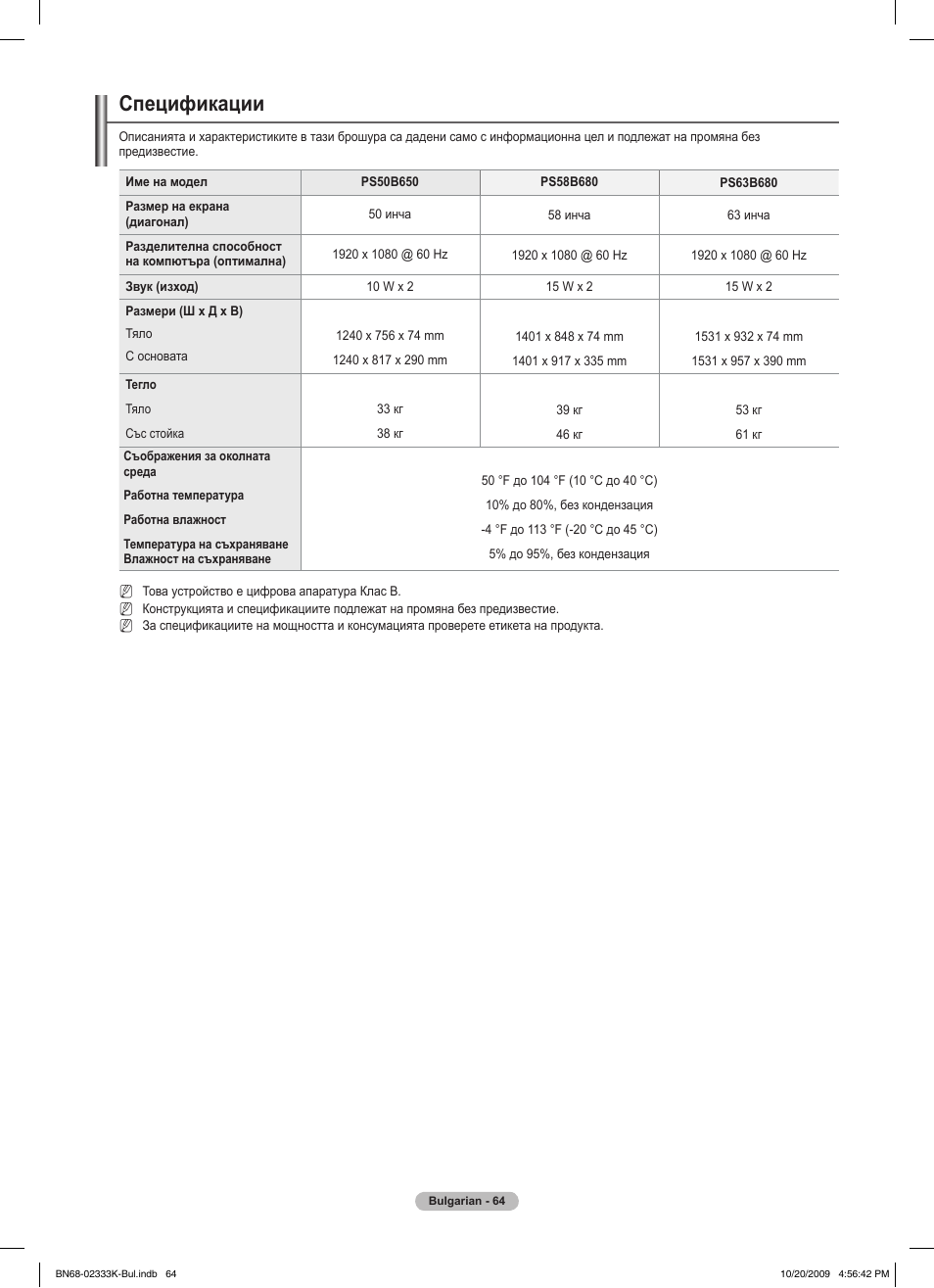Спецификации | Samsung PS63B680T6W User Manual | Page 327 / 644