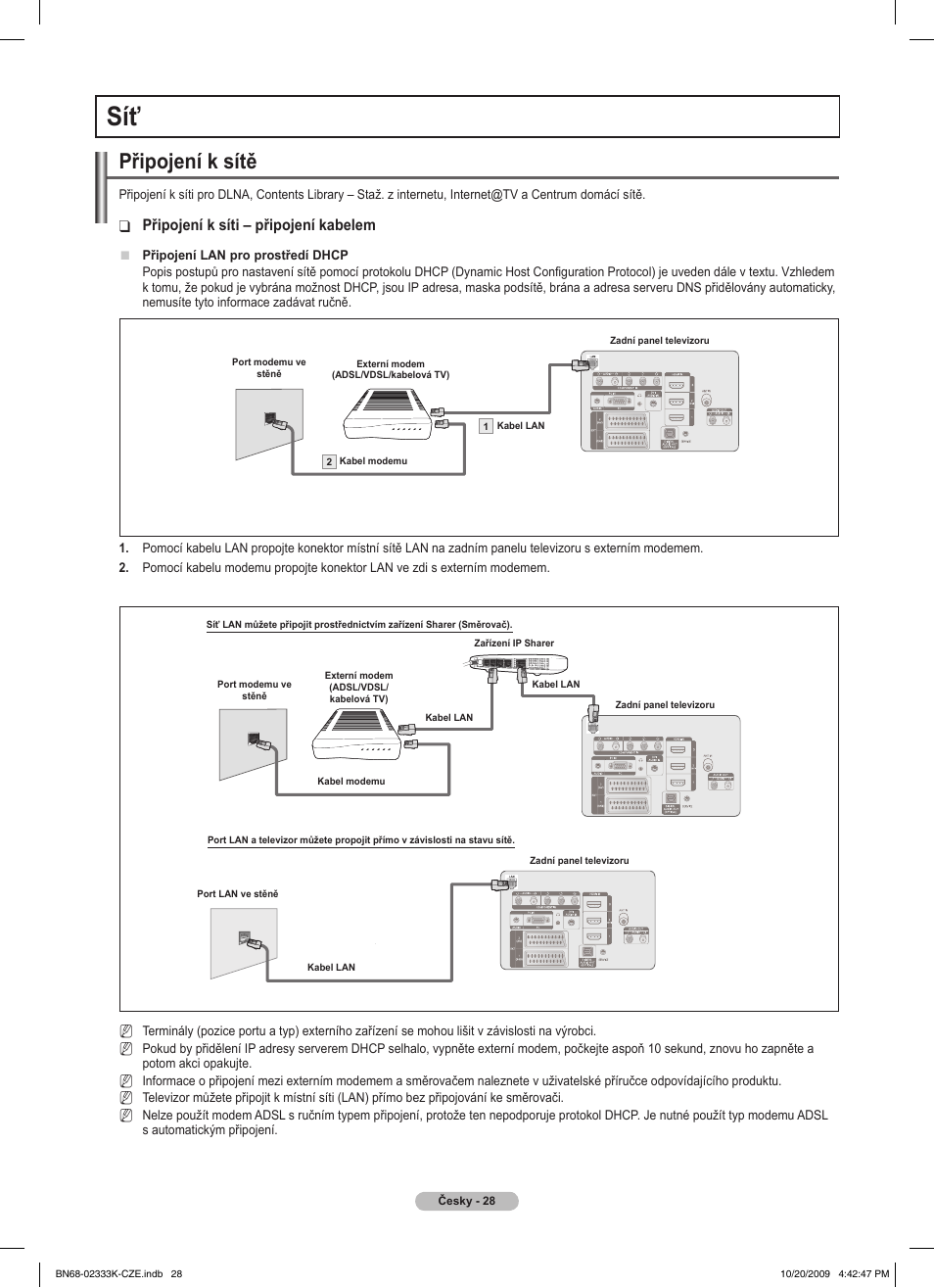 Připojení k sítě, Připojení k síti – připojení kabelem | Samsung PS63B680T6W User Manual | Page 354 / 644