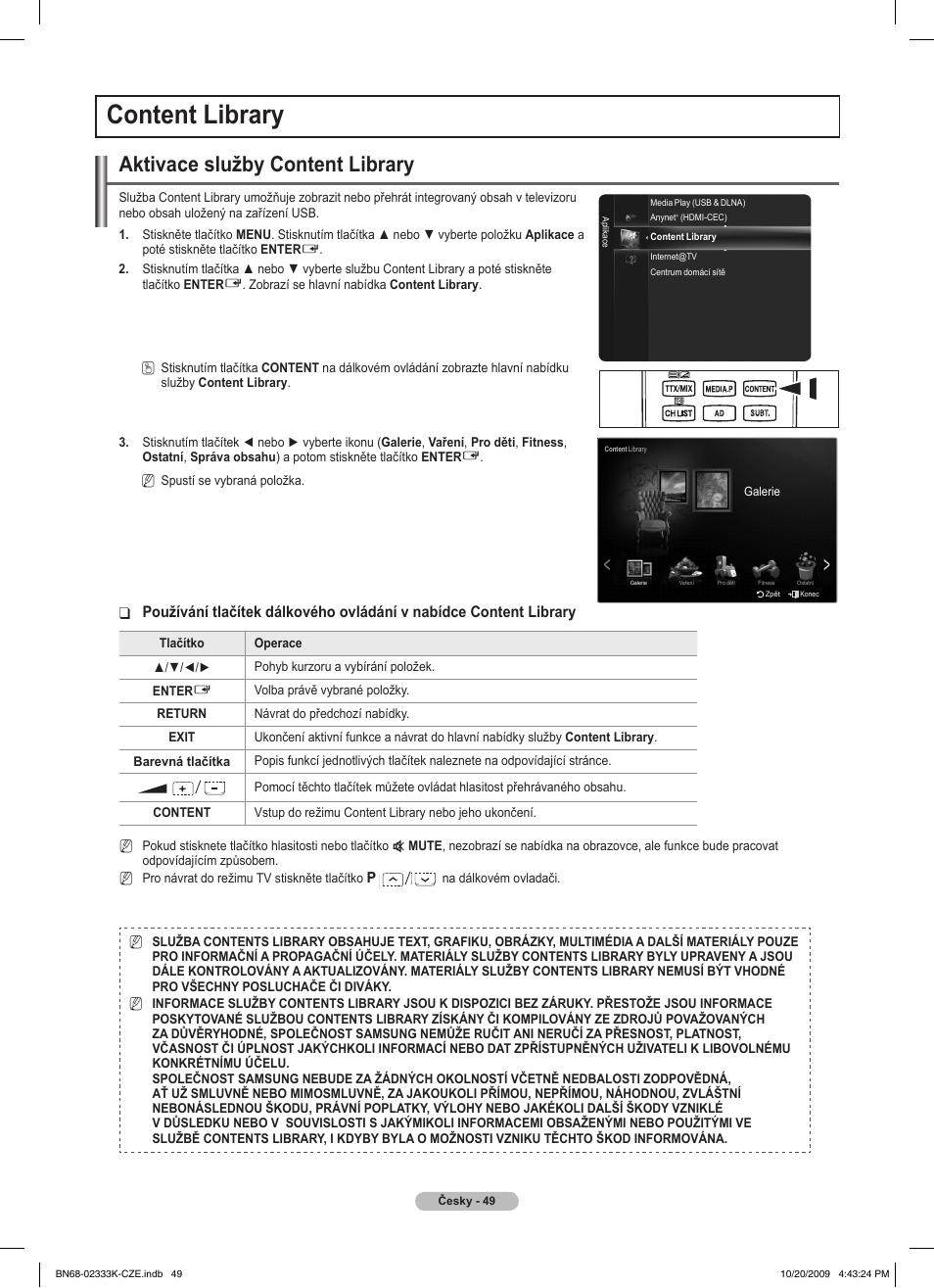 Content library, Aktivace služby content library | Samsung PS63B680T6W User Manual | Page 375 / 644
