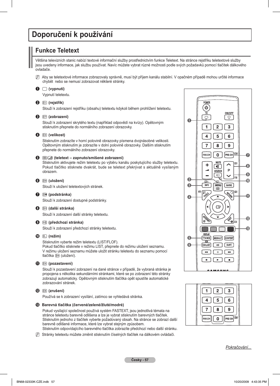 Doporučení k používání, Funkce teletext | Samsung PS63B680T6W User Manual | Page 383 / 644