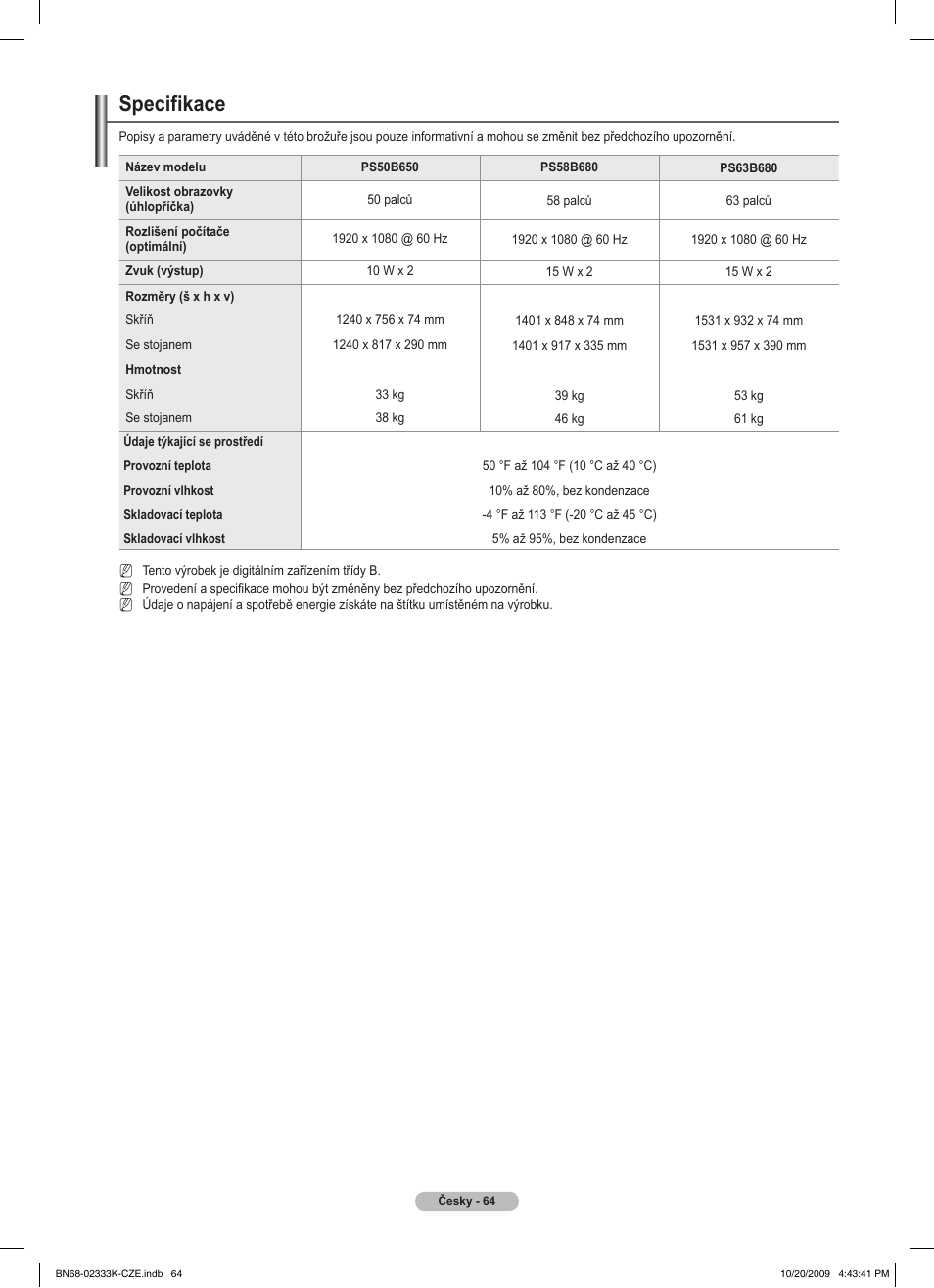 Specifikace | Samsung PS63B680T6W User Manual | Page 390 / 644