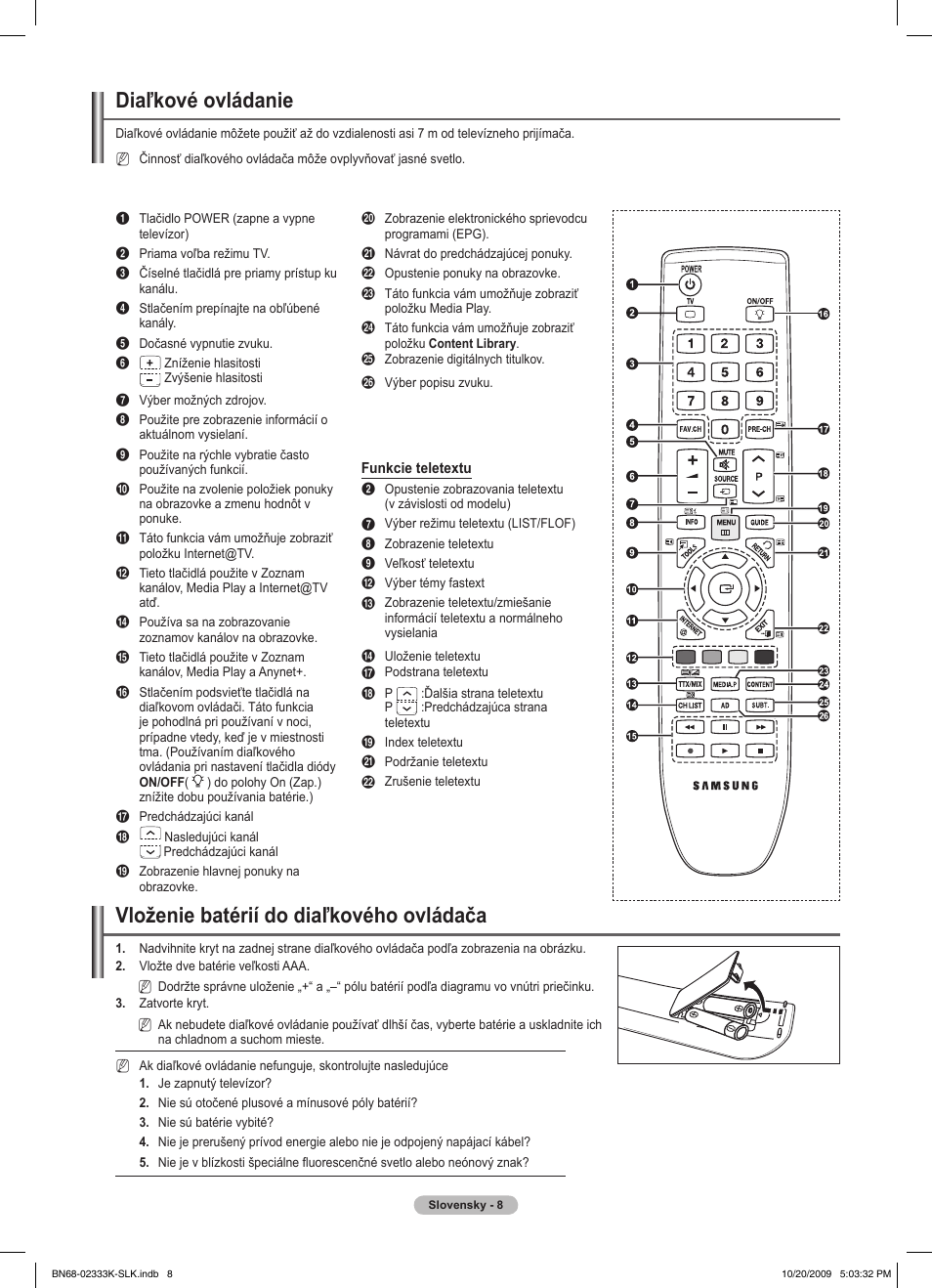 Diaľkové ovládanie, Vloženie batérií do diaľkového ovládača | Samsung PS63B680T6W User Manual | Page 397 / 644