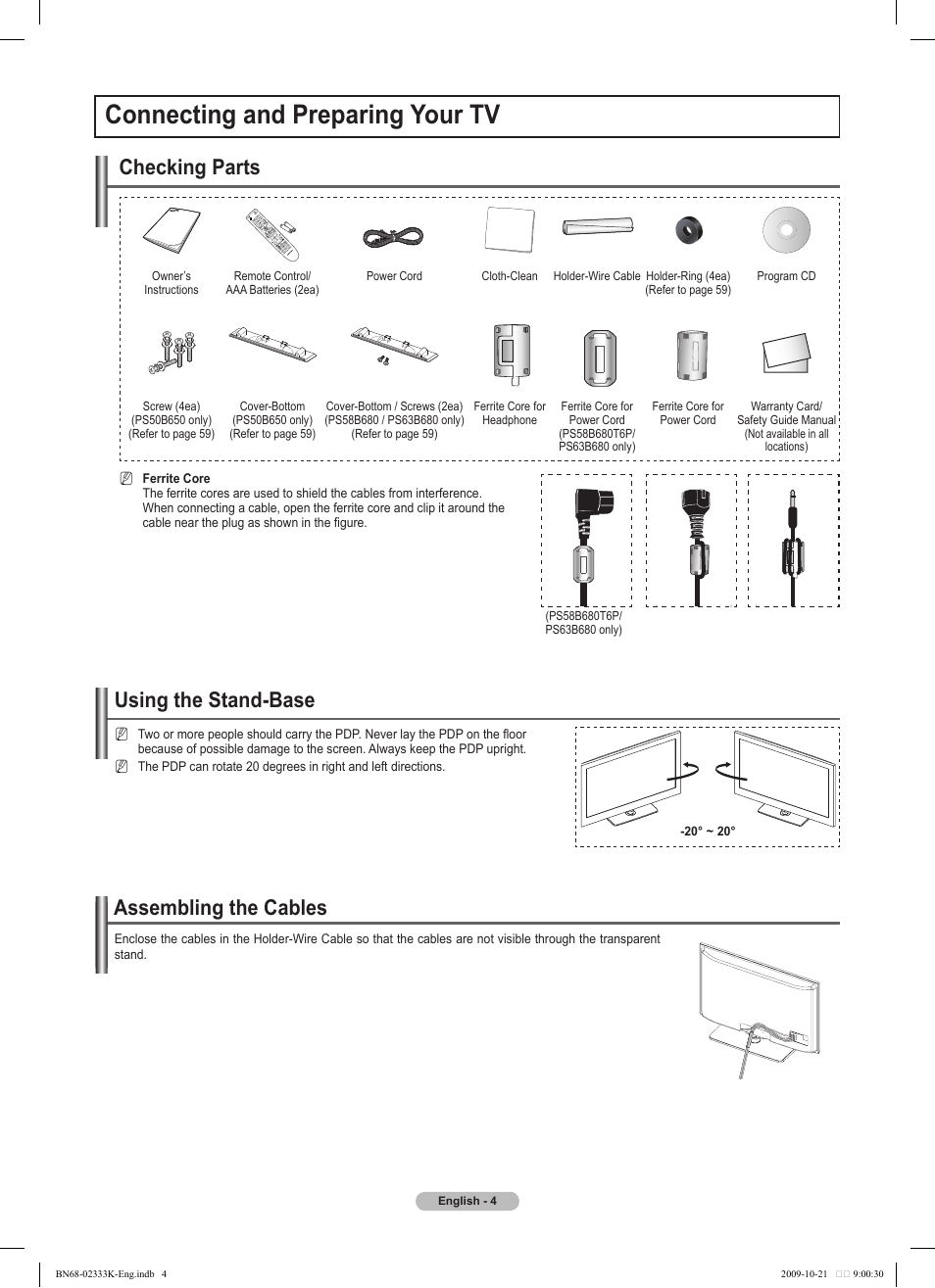 Connecting and preparing your tv, Assembling the cables, Using the stand-base | Checking parts | Samsung PS63B680T6W User Manual | Page 4 / 644