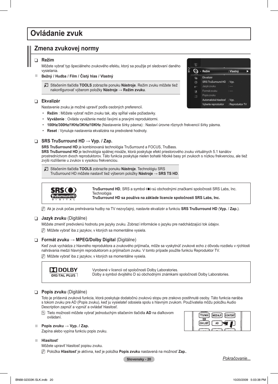 Ovládanie zvuk, Zmena zvukovej normy | Samsung PS63B680T6W User Manual | Page 409 / 644