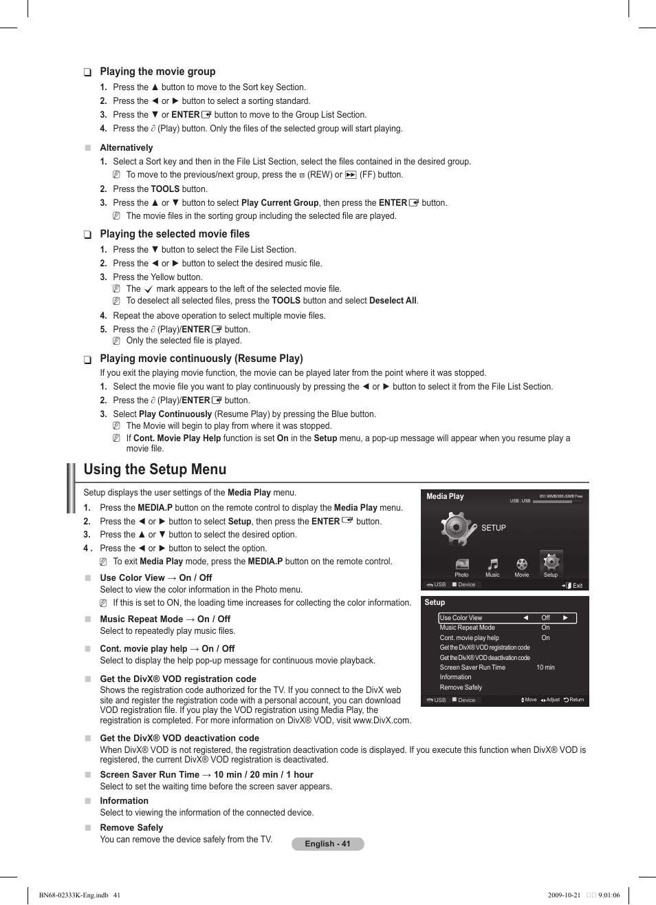 Using the setup menu, Playing the movie group, Playing the selected movie files | Playing movie continuously (resume play) | Samsung PS63B680T6W User Manual | Page 41 / 644