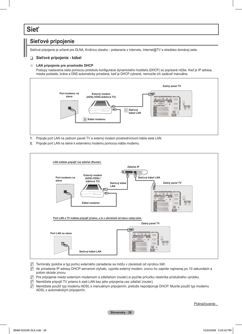 Sieť, Sieťové pripojenie, Sieťové pripojenie - kábel | Samsung PS63B680T6W User Manual | Page 417 / 644