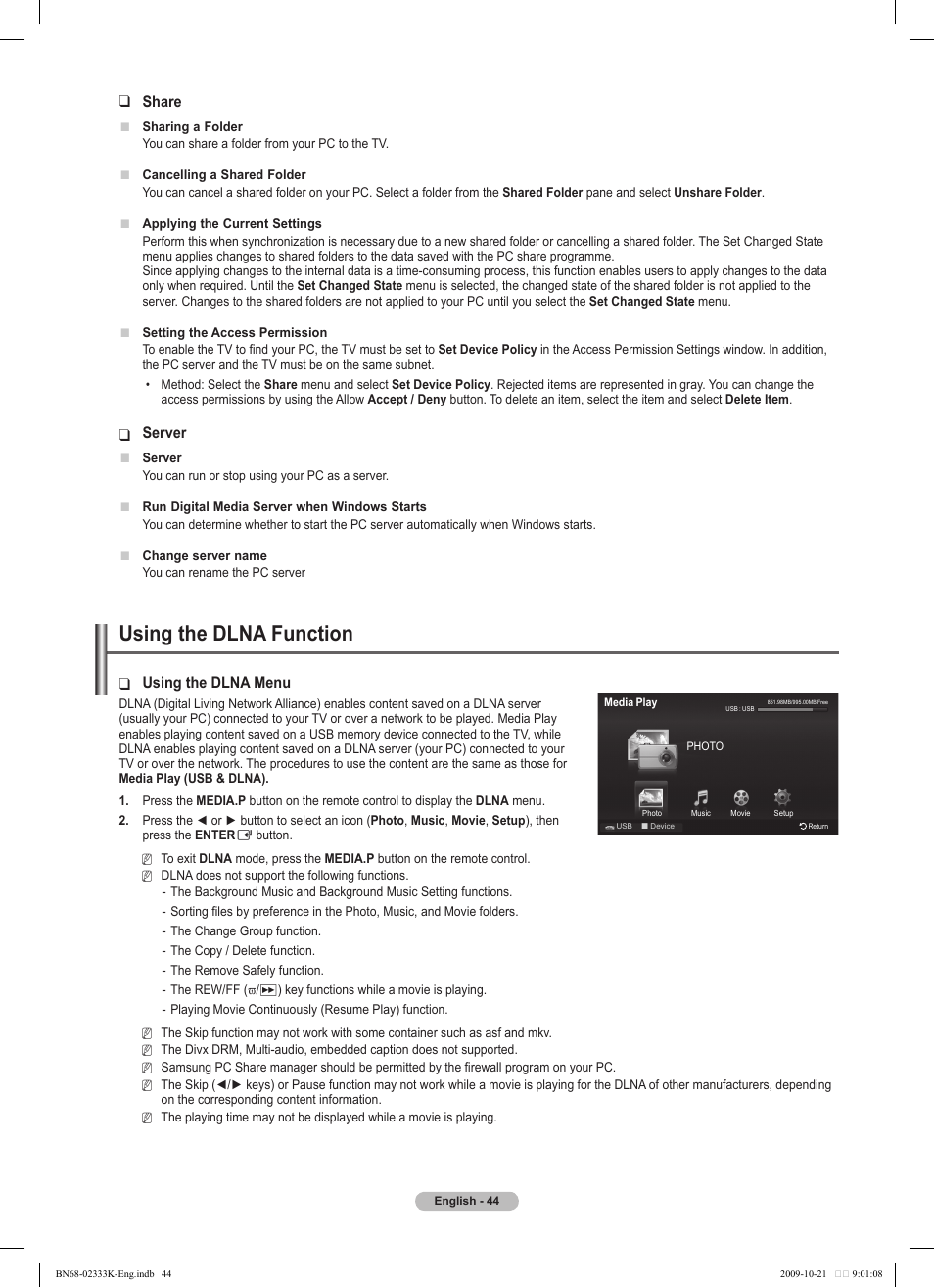 Using the dlna function, Share, Server | Using the dlna menu | Samsung PS63B680T6W User Manual | Page 44 / 644