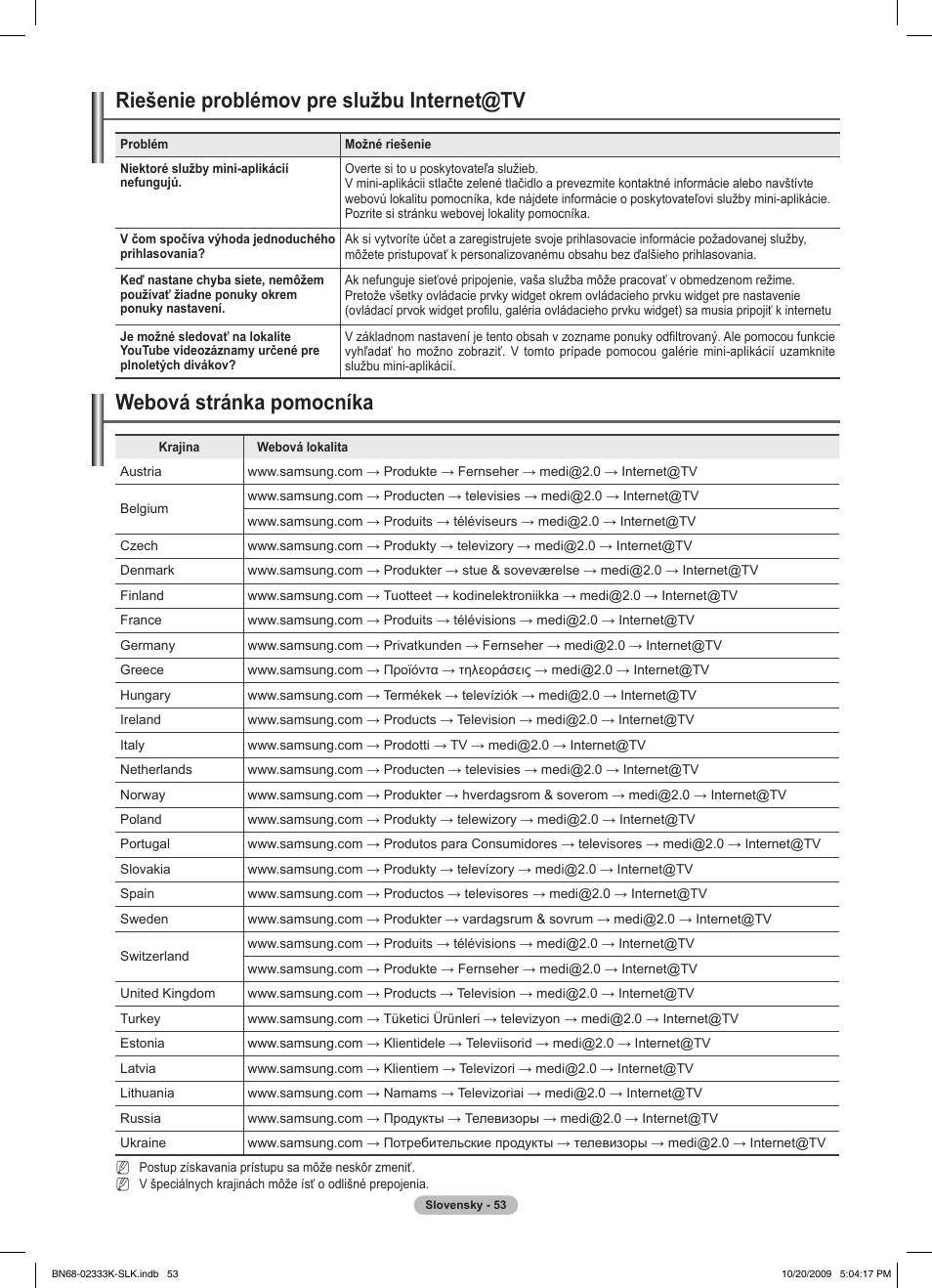 Riešenie problémov pre službu internet@tv, Webová stránka pomocníka | Samsung PS63B680T6W User Manual | Page 442 / 644