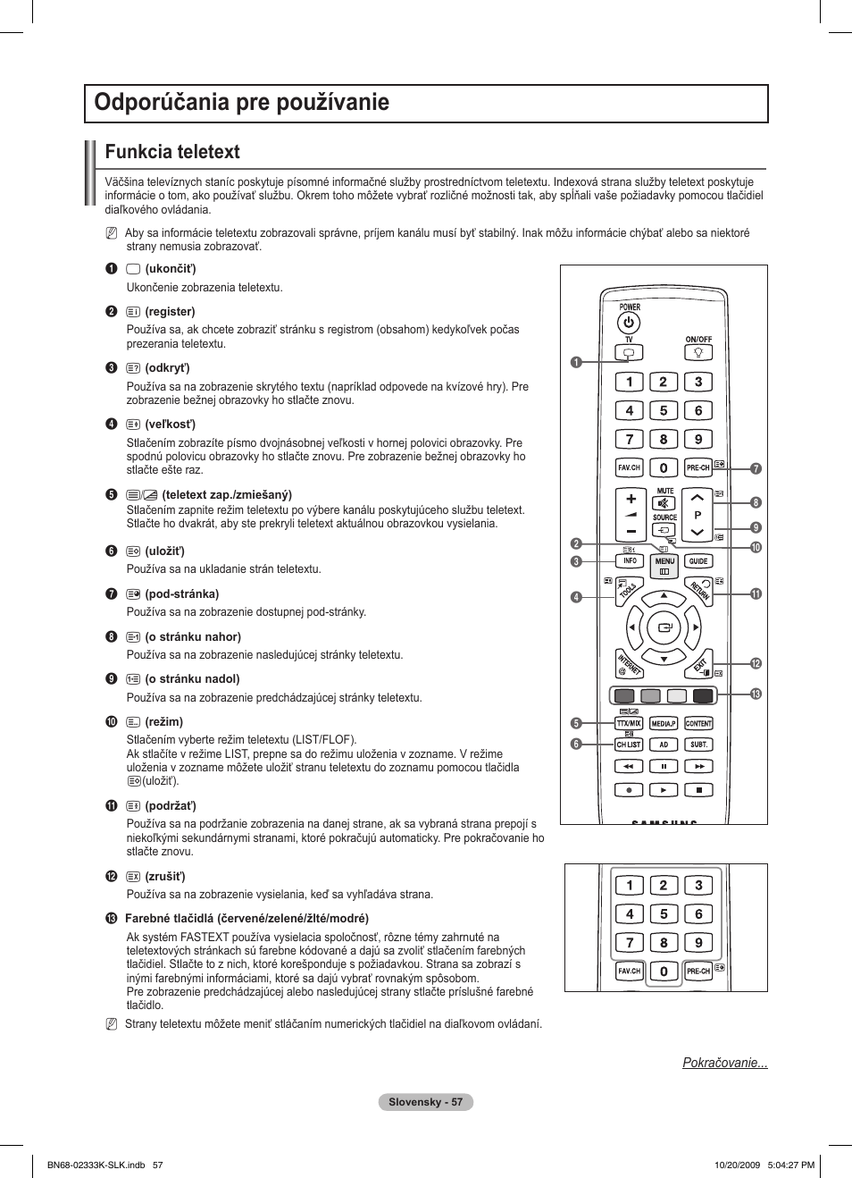 Odporúčania pre používanie, Funkcia teletext | Samsung PS63B680T6W User Manual | Page 446 / 644