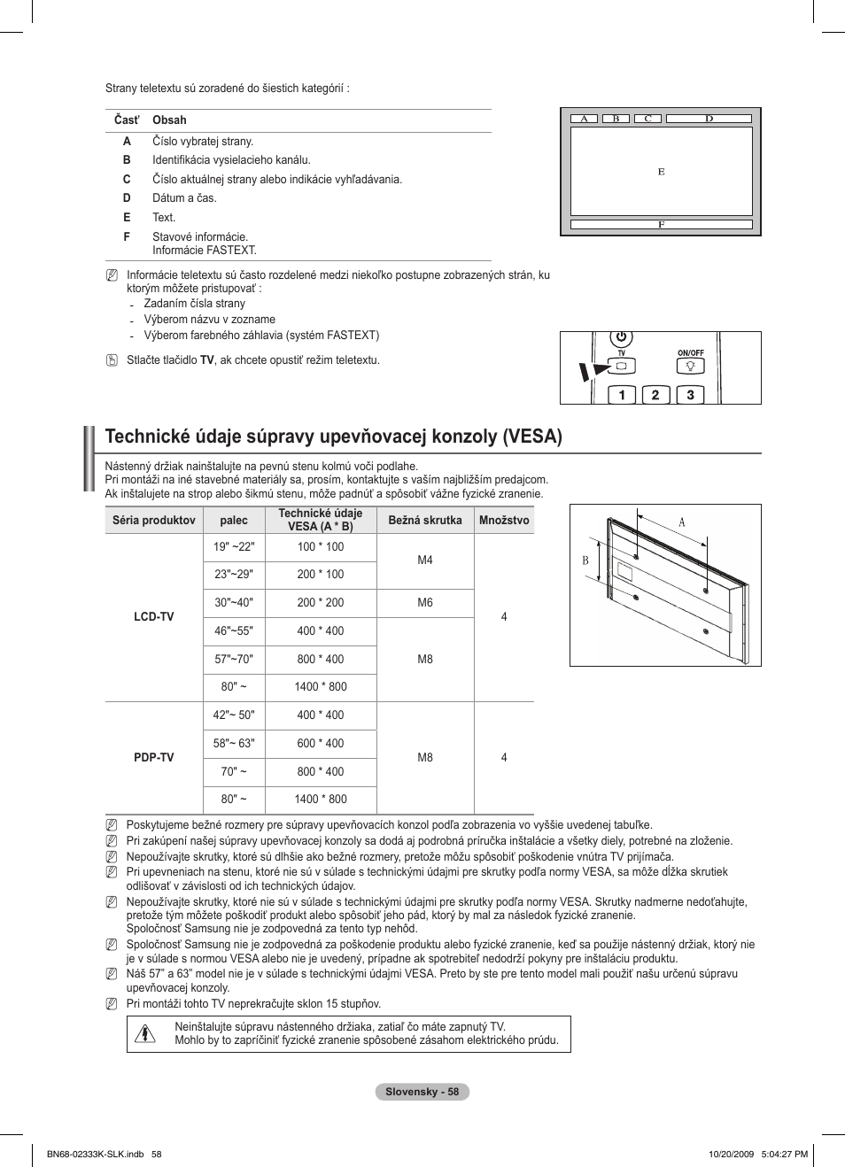 Technické údaje súpravy upevňovacej konzoly (vesa) | Samsung PS63B680T6W User Manual | Page 447 / 644