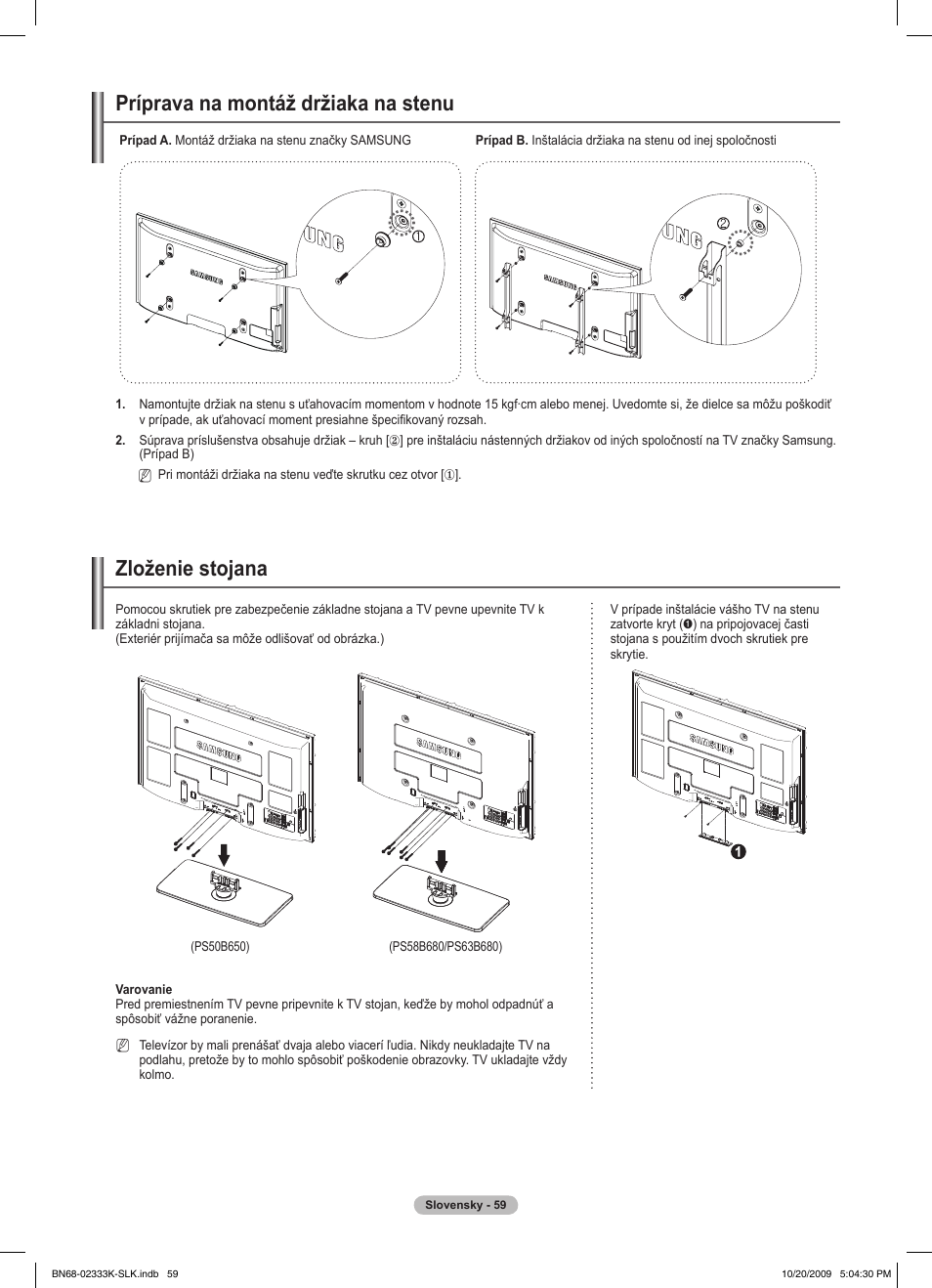 Príprava na montáž držiaka na stenu, Zloženie stojana | Samsung PS63B680T6W User Manual | Page 448 / 644