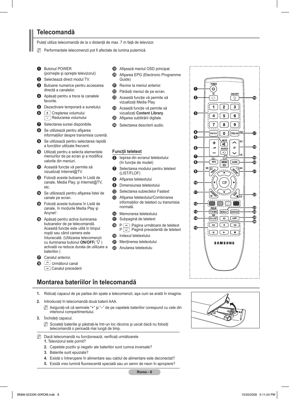 Telecomandă, Montarea bateriilor în telecomandă | Samsung PS63B680T6W User Manual | Page 460 / 644
