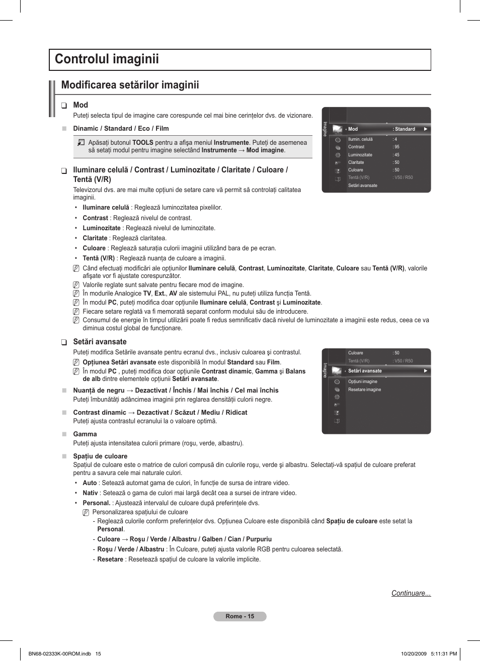 Controlul imaginii, Modificarea setărilor imaginii | Samsung PS63B680T6W User Manual | Page 467 / 644