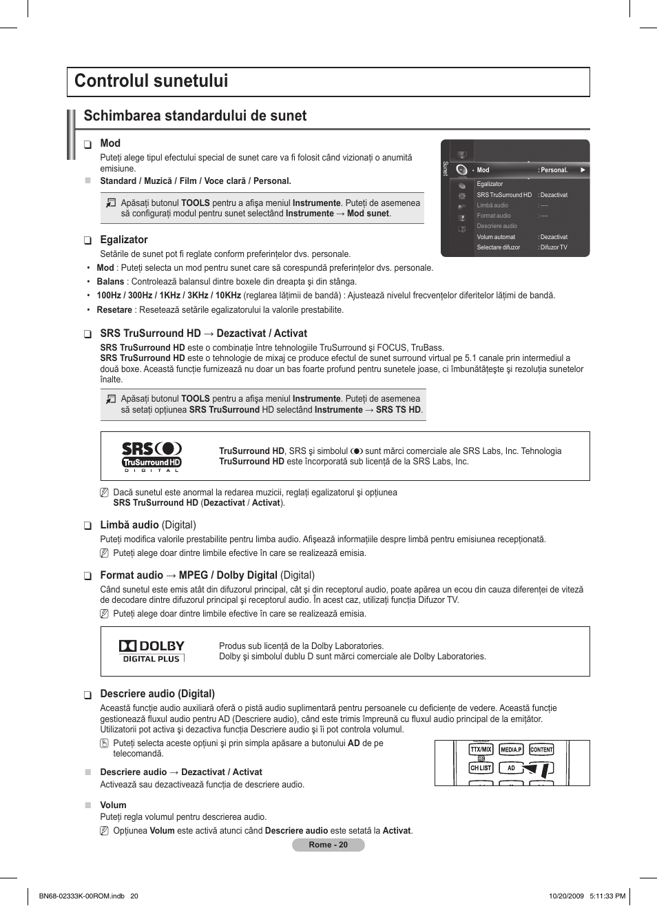 Controlul sunetului, Schimbarea standardului de sunet | Samsung PS63B680T6W User Manual | Page 472 / 644