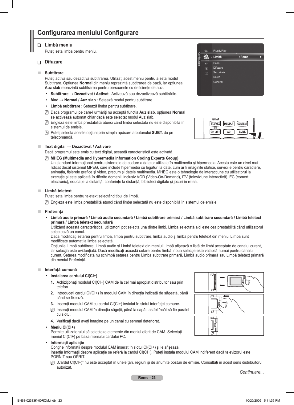 Configurarea meniului configurare | Samsung PS63B680T6W User Manual | Page 475 / 644