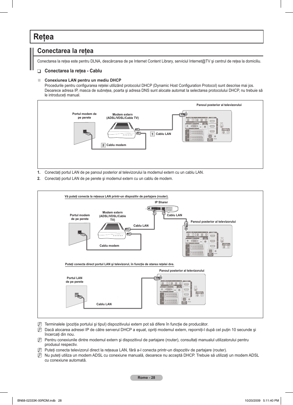 Reţea, Conectarea la reţea, Conectarea la reţea - cablu | Samsung PS63B680T6W User Manual | Page 480 / 644