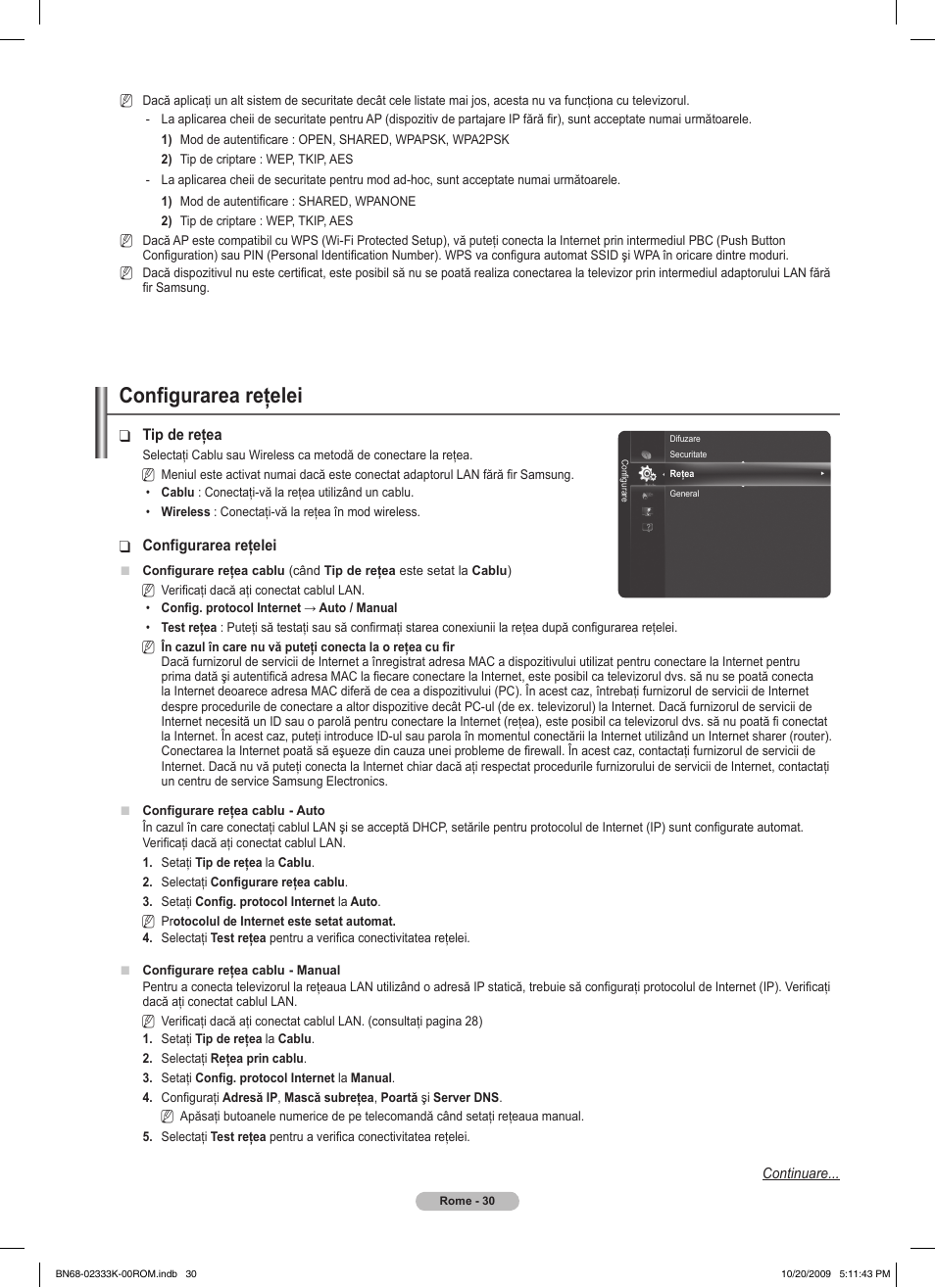 Configurarea reţelei | Samsung PS63B680T6W User Manual | Page 482 / 644