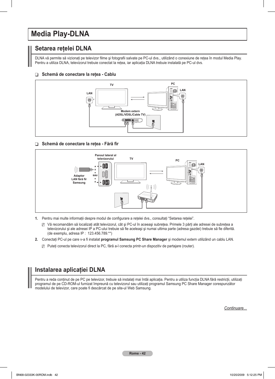 Media play-dlna, Setarea reţelei dlna, Instalarea aplicaţiei dlna | Samsung PS63B680T6W User Manual | Page 494 / 644