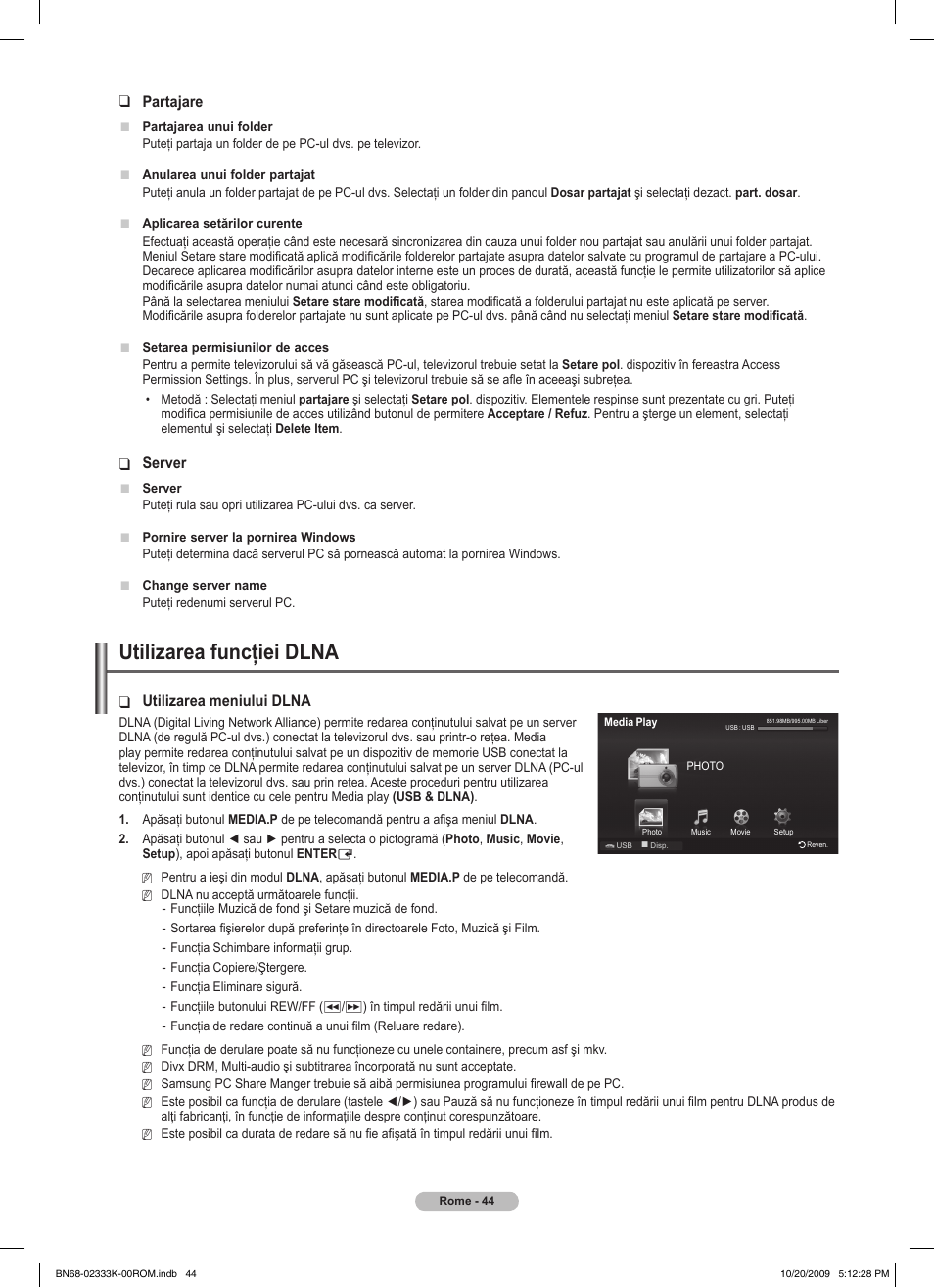 Utilizarea funcţiei dlna, Partajare, Server | Utilizarea meniului dlna | Samsung PS63B680T6W User Manual | Page 496 / 644