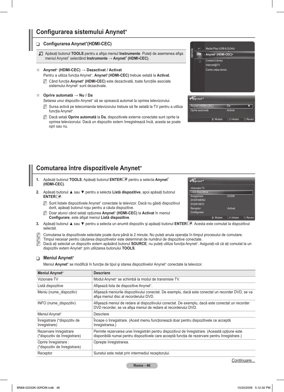 Configurarea sistemului anynet, Comutarea între dispozitivele anynet, Configurarea anynet | Hdmi-cec), Meniul anynet | Samsung PS63B680T6W User Manual | Page 498 / 644