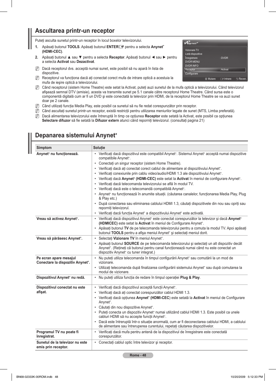 Ascultarea printr-un receptor, Depanarea sistemului anynet | Samsung PS63B680T6W User Manual | Page 500 / 644