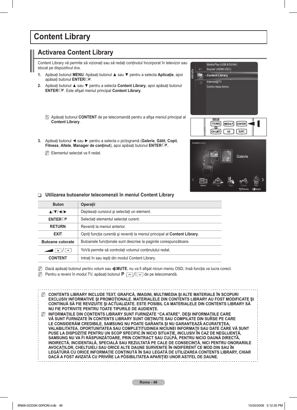 Content library, Activarea content library | Samsung PS63B680T6W User Manual | Page 501 / 644