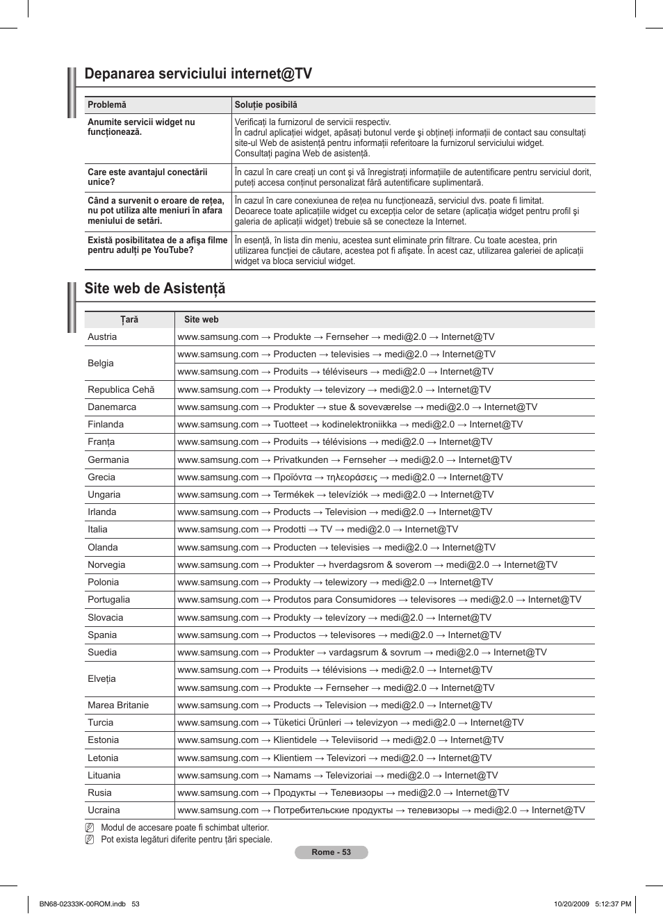 Depanarea serviciului internet@tv, Site web de asistenţă | Samsung PS63B680T6W User Manual | Page 505 / 644