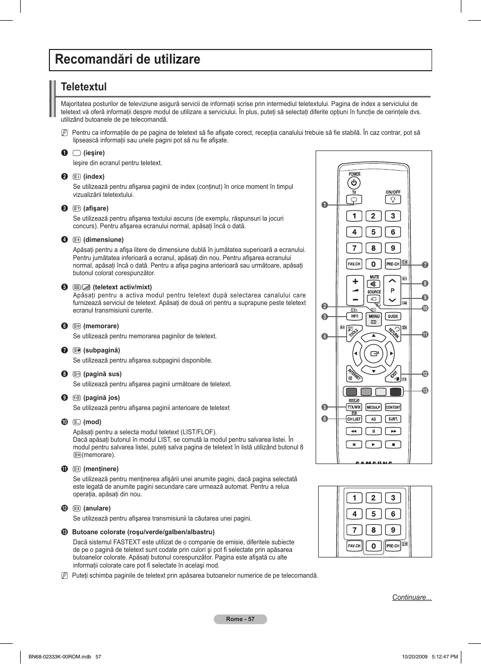 Recomandări de utilizare, Teletextul | Samsung PS63B680T6W User Manual | Page 509 / 644