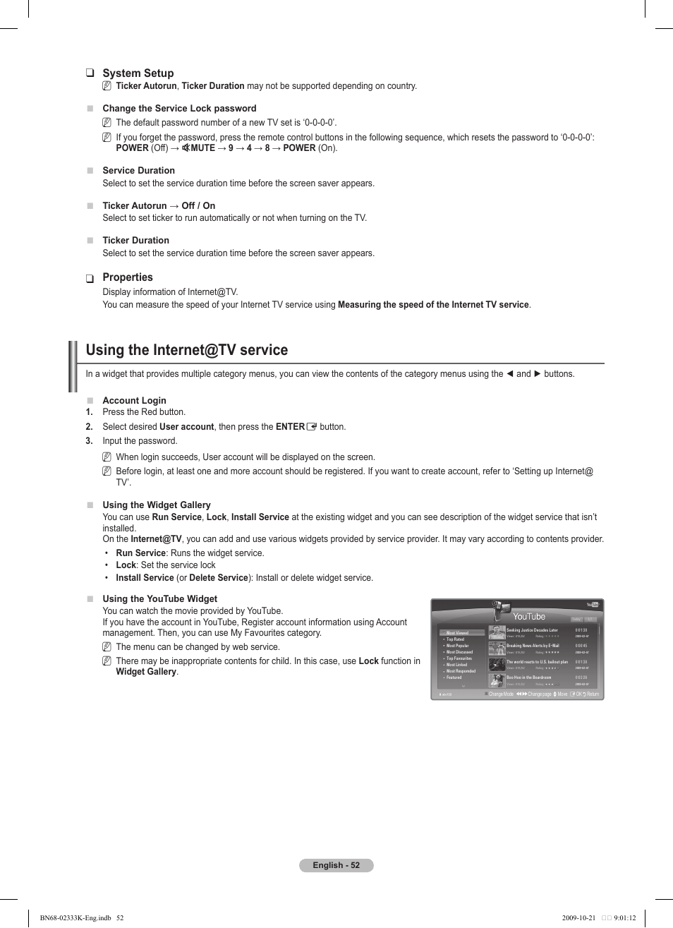 Using the internet@tv service, System setup, Properties | Samsung PS63B680T6W User Manual | Page 52 / 644