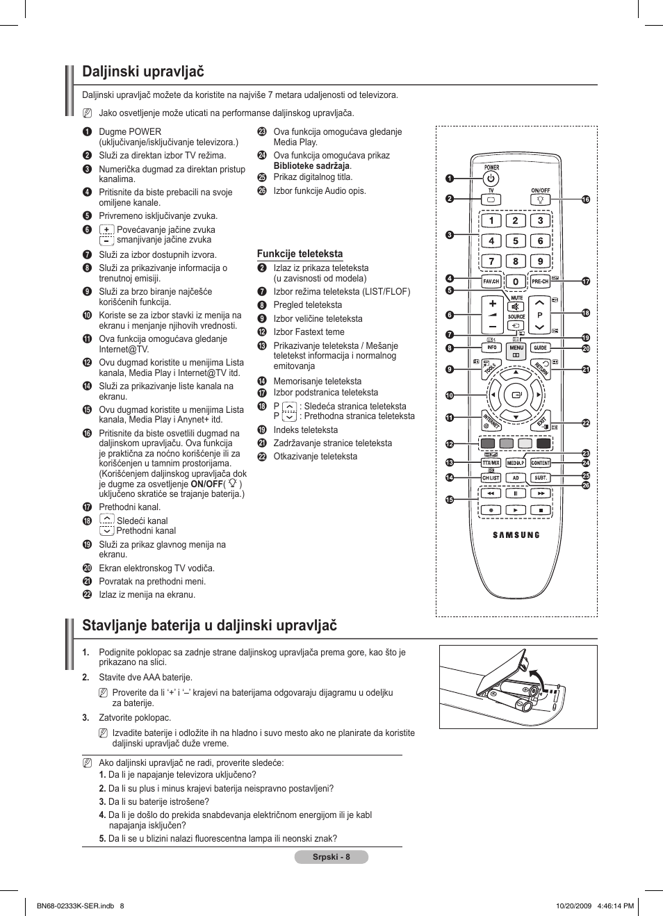 Daljinski upravljač, Stavljanje baterija u daljinski upravljač | Samsung PS63B680T6W User Manual | Page 523 / 644