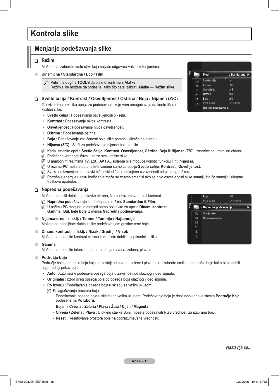 Kontrola slike, Menjanje podešavanja slike | Samsung PS63B680T6W User Manual | Page 530 / 644