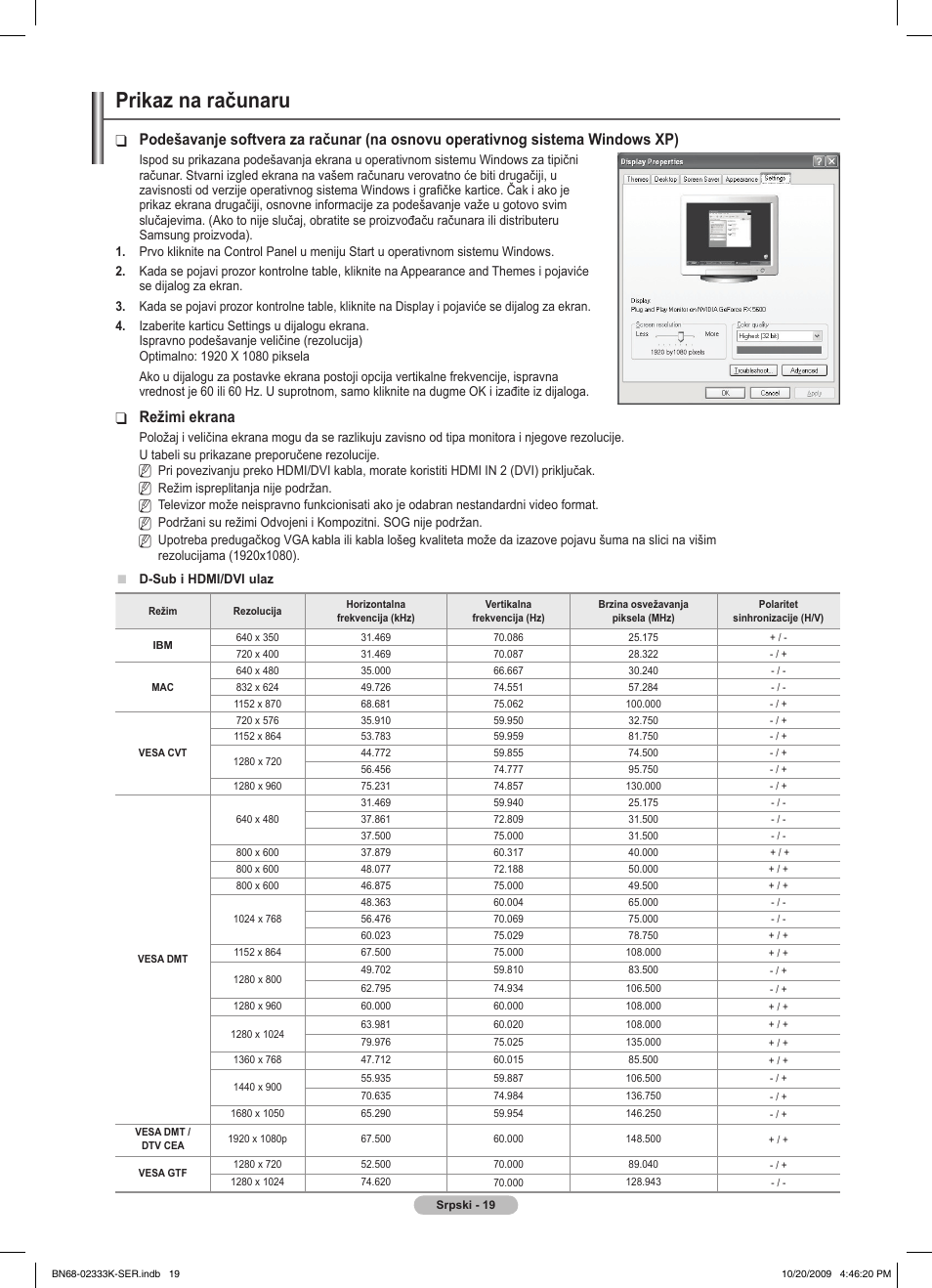 Prikaz na računaru, Režimi ekrana | Samsung PS63B680T6W User Manual | Page 534 / 644