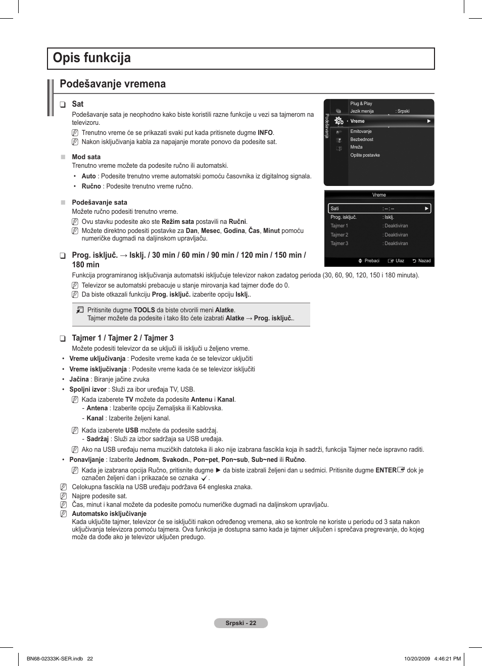 Opis funkcija, Podešavanje vremena | Samsung PS63B680T6W User Manual | Page 537 / 644